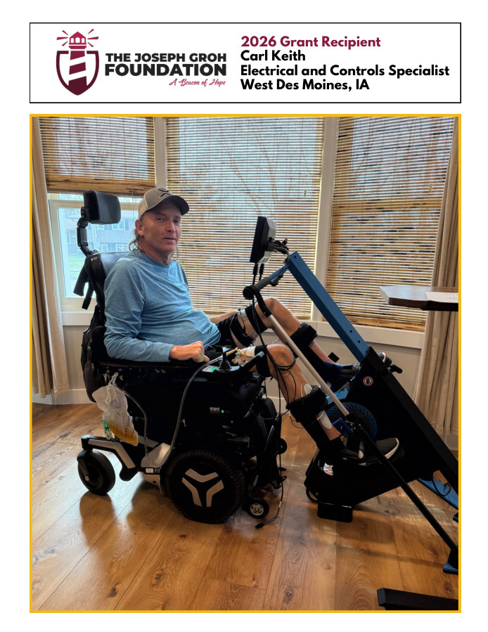 Carl Keith, 2026 Joseph Groh Foundation grant recipient, using his MyoCycle FES bike